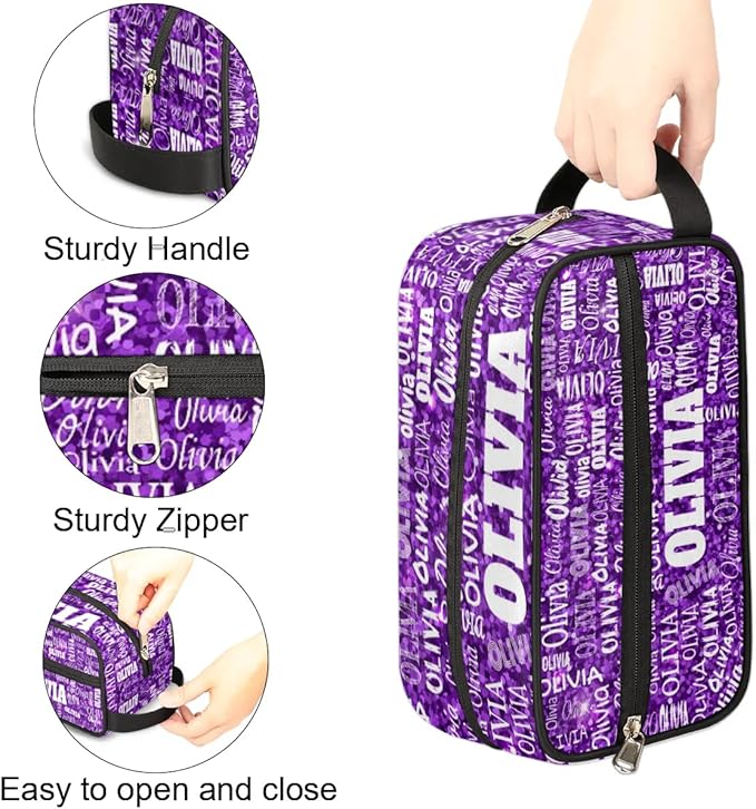 Personalized Makeup Bag with Name, Best Friends Teen Women Mom Birthday Gift Toiletry Travel Bag for Toiletries, Purple Glittering Sequins