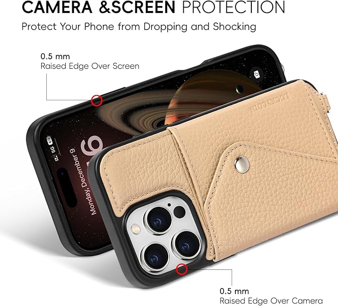 LUCKYCOIN Crossbody Wallet Phone Case for iPhone 16 Pro,100% Genuine Leather Wallet Phone Case with Expandable Flip Card Holder,Phone Purse for Women with Adjustable Removable Strap - Pebble Beige