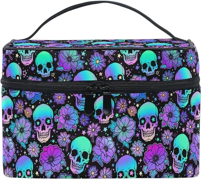 Goth Skull Makeup Bag, Gothic Skull Flowers Makeup Organizer Bags Toiletry Bag Box Travel Cosmetic Bag Make Up Train Case for Women Teen Girl Ladies