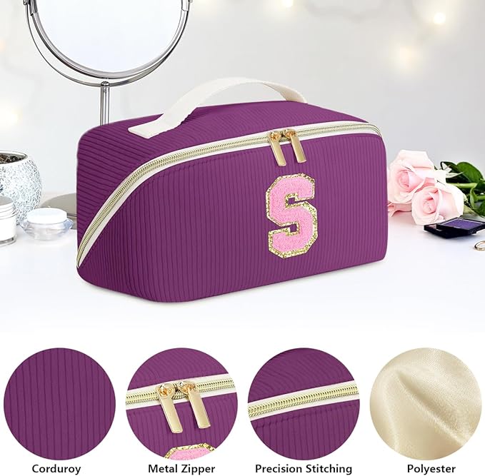 Personalized Initial Makeup Bag,Christmas Gifts for Girl,Preppy Bag Cosmetic Travel Bag Women,Travel Toiletry Organizer,Large Capacity Corduroy Stuff Bag,Cute Cosmetic Pouch Skincare Bag-D
