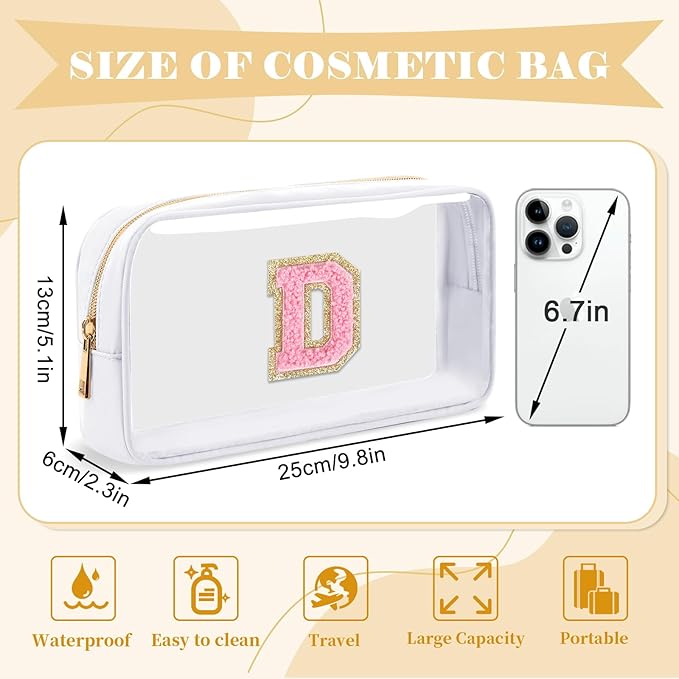 Personalized Initial Letter Clear Makeup Bag,Preppy Small Nylon&PVC Cosmetic Zipper Bag with Chenille Letter,Travel Skincare Toiletry Bag,Monogram Christmas Gift for Teen Girls Women,D
