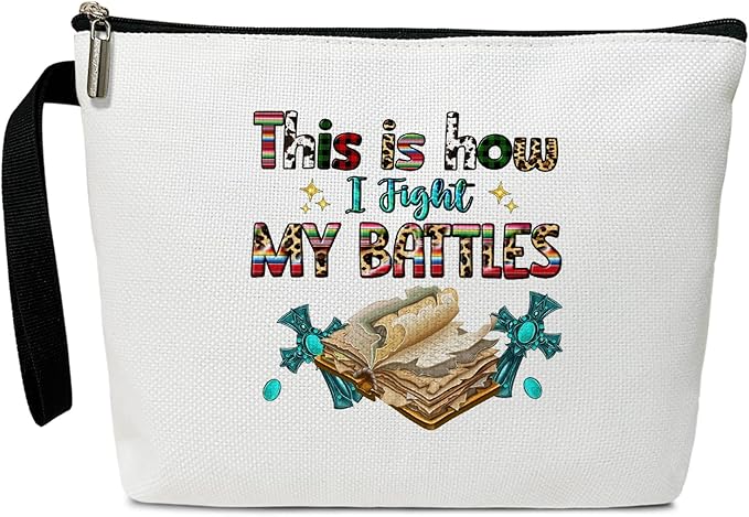Christian Cosmetic Bag for Women,Bible Verses Gifts for Friend Mother Coworker Travel Essentials Purse Toiletry Pouch Cosmetic Bag with Zipper(This is How I Fight my battle)/35