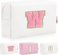 Personalized Initial Letter Patch Makeup Bag, Preppy Portable Chenille Cosmetic Bag with Zipper, PU Leather Waterproof Travel Toiletry Bag Monogram Make Up Pouch for Women Girls