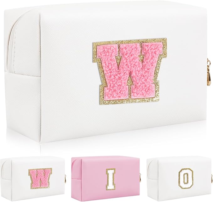 Personalized Initial Letter Patch Makeup Bag, Preppy Portable Chenille Cosmetic Bag with Zipper, PU Leather Waterproof Travel Toiletry Bag Monogram Make Up Pouch for Women Girls