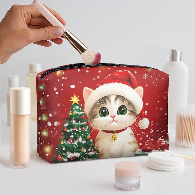 COEQINE Travel Makeup Bags for Women Leather Cute Cat Travel Cosmetic Bag Toiletry bag for Womens Birthday Christmas Gifts Waterproof Pen Pencil Pouch Wallet Clutch Handbag for Holiday