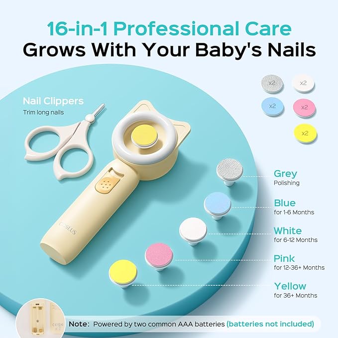 COSLUS Baby Nail Trimmer Electric: Gentle Baby Nail File with Quiet Design & 360° Light - Safe for Sleep Trim Grind, 16 in 1 Cute Nail Clipper Kit for Newborn Infant Toddler, C50, Beige