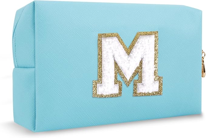Small Travel Initial Preppy Makeup Bag, Personalized Cute Blue Cosmetic Organizer Chenille Letter Travel Toiltery Zipper Pouch, Waterproof PU Make Up Case Storage Mothers Day Gifts for Mom(Letter M)