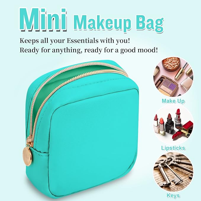 Nylon Mini Makeup Bag for Purse, Preppy Small Cute Makeup Bag Cosmetic Zipper Pouch Purse, Waterproof Travel Coin Pouch Sanitary Napkin Storage Bag Clutch Make Up Organizer for Women Men Girls(Mint)