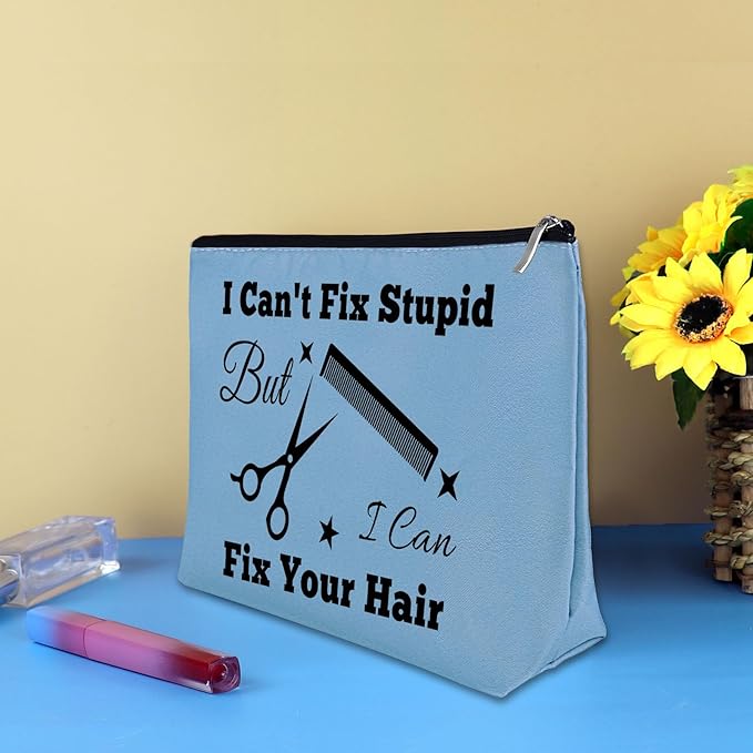 Hairdresser Gifts Hair Stylist Makeup Bag Hairstylist Present Cosmetic Bags Funny Hair Dresser Gift Christmas Graduation Birthday Present for Hairdresser Barber Salon Blue Cosmetic Pouch Makeup Case