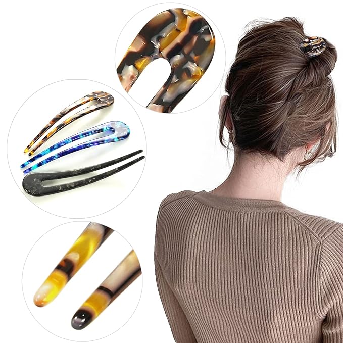 French Hair Forks Tortoise Shell U Shape Updo Hair Pins Clips for Thin Thick Hair, Long Classic 2 Prong Bun Hair Sticks Chignon Women Vintage Hairstyle Accessories, 3 Pack (Blue Brown Black)