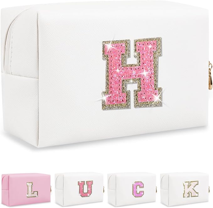 Personalized Initial Letter Makeup Bag, Small Glitter Letter Patch Cosmetic Pouch Zipper, Preppy Makeup Organizer PU Waterproof Travel Toiletry Bag, Monogrammed Birthday Gift for Women Girls
