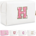 Personalized Initial Letter Makeup Bag, Small Glitter Letter Patch Cosmetic Pouch Zipper, Preppy Makeup Organizer PU Waterproof Travel Toiletry Bag, Monogrammed Birthday Gift for Women Girls