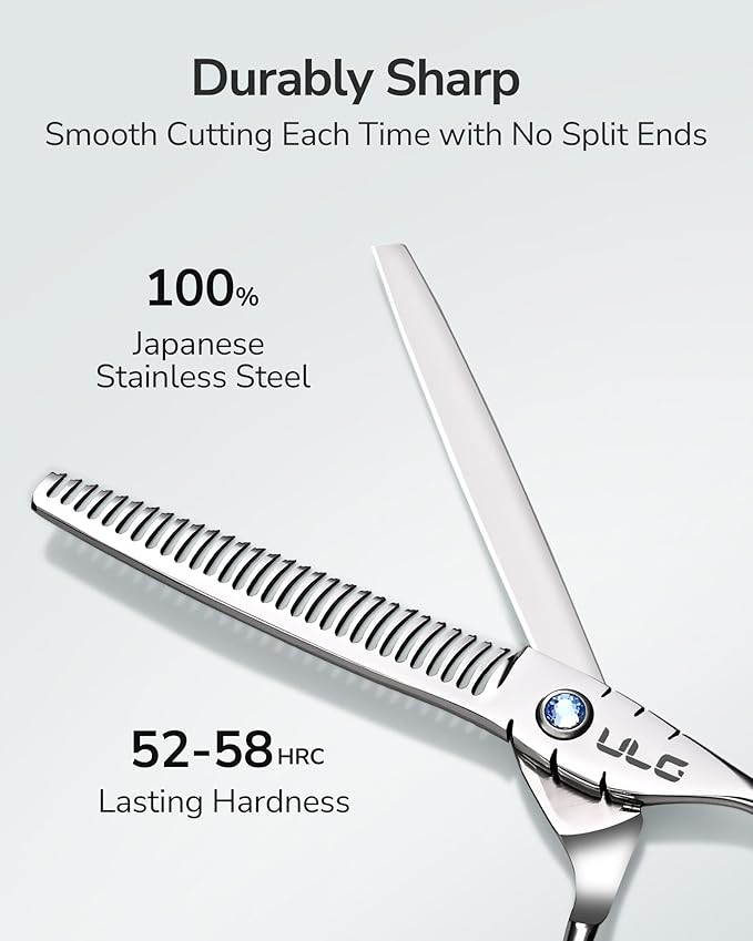 ULG Hair Thinning Scissors 6.7” Shark Series 100% Japanese Stainless Steel, Offset Handle, 30 Deer-Tooth Thinner 35% Hair Removal, Professional Barber Layering Shears for Salon & Home Hair Styling