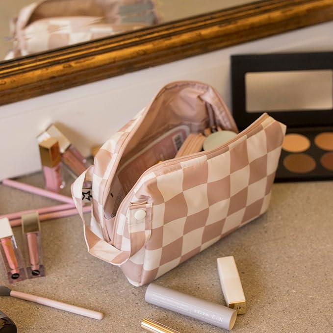 Tiny Twinkle Waterproof Travel Toiletry & Makeup Bag Organizer | Large Capacity Cosmetic Case with Compartments & Handle, A Thoughtful Travel Companion for Women（Beige Checkers