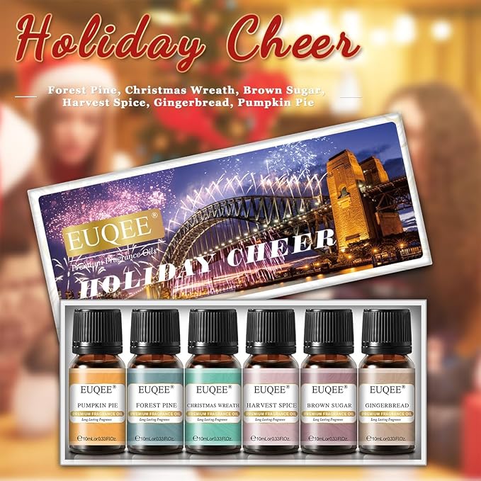 EUQEE Holiday Cheer Premium Fragrance Oils Set of 6 - Forest Pine, Christmas Wreath, Brown Sugar, Harvest Spice, Gingerbread, Pumpkin Pie - Scented Oils for Diffuser, Candle Making (10ml)