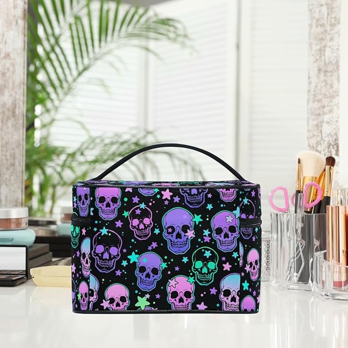 Makeup Bags, Stars Purple Skulls Makeup Organizer Bag Makeup Case Cosmetic Toiletry Bag for Girl Women Ladies
