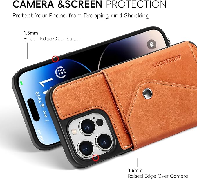LUCKYCOIN Crossbody Wallet Phone Case for iPhone 14 Pro Max,100% Genuine Leather Wallet Phone Case with Expandable Flip Card Holder,Phone Purse for Women with Adjustable Removable Strap - Brown