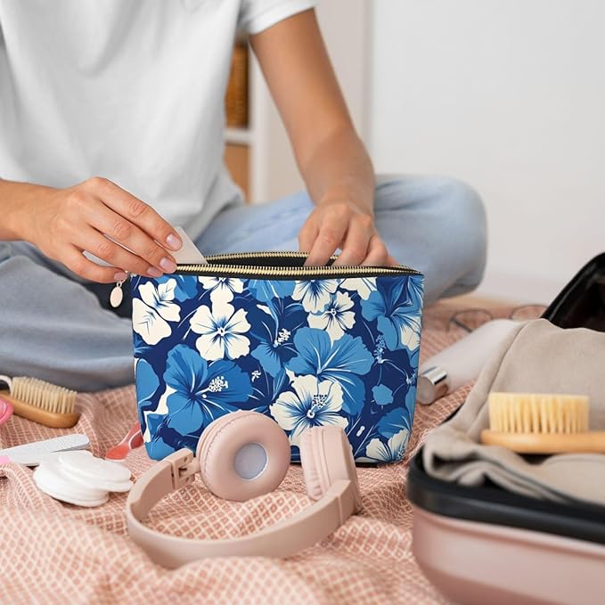 Womens Leather Makeup Bag Cosmetic Bag Travel Toiletry Bags Make Up Bags for Women Adult (Blue Hibiscus 3)