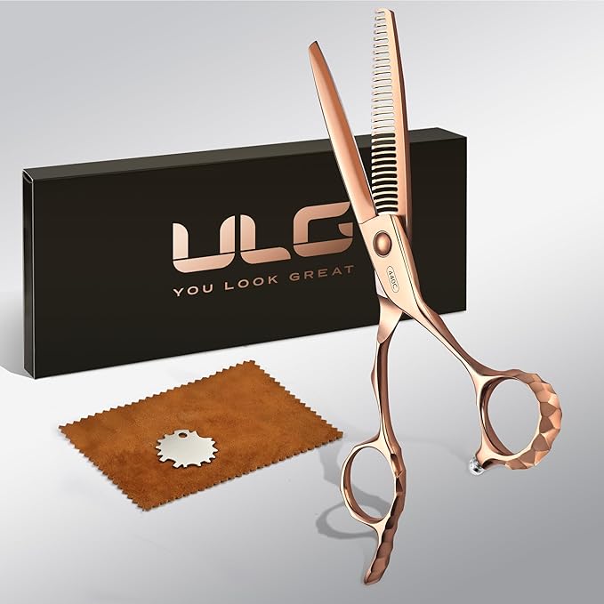 ULG Professional Seamless Hair Thinning Scissors Luxury 18K Rose Gold Coated 6.5" Barber Scissors 440C Japanese Stainless Steel Hand-Honed Convex Blades Offset Handles Tension Adjustable, Right-Handed