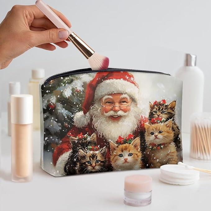 COEQINE Makeup Bag For Purse Leather Cute Cat Red Santa Designer Mini Cosmetic Bag Leather Organizer Pouch with Zipper Toiletry Travel Bag for Women for Holiday Birthday Christmas Gifts