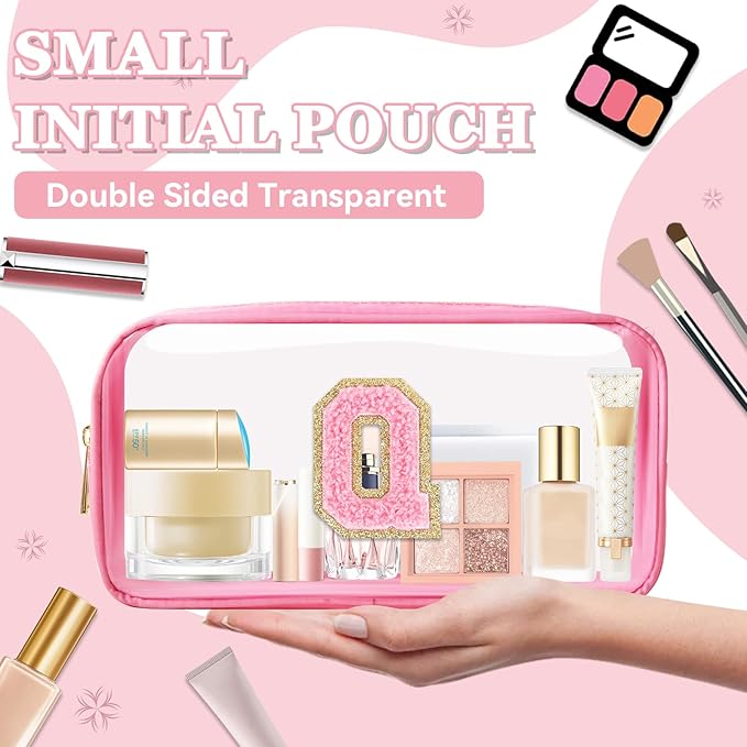 Small Clear Personalized Initial Makeup Bag, Preppy Nylon A-Z Chenille Letter Patch Makeup Organizer TSA Approved Travel Toiletry Bag,Waterproof Zip Beach Cosmetic Pouch Purse for Women(Pink-Pink Q)