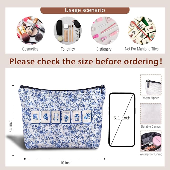 Blue and White Chinoiserie Mahjong Makeup Bag, Mahjong Gifts for Women Cosmetic Bags, Gifts for Mah Jong Players Lovers Makeup Zipper Pouch