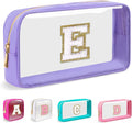 Small Clear Personalized Initial Makeup Bag,Nylon Preppy A-Z Chenille Letter Patch Cosmetic Pouch Beach Toiletry Bag,Waterproof Zip Travel Purse Storage Bag Organizer for Women Girls(Purple-White E)