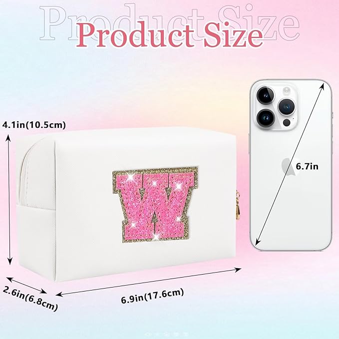 Small Personalized Glitter Initial Letter Makeup Bag, Cute PU Leather Chenille Letters Cosmetic Bag Travel Makeup Pouch, Preppy Travel Organizer Zipper Pouch for Women&Girls（WhiteRosePink-W）