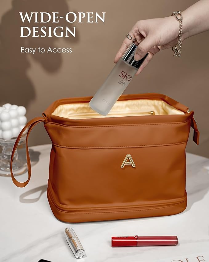 Gifts for Travelers, Personalized Makeup Bag, Monogrammed Gifts, Initial Double Layer Cosmetic Bag with Makeup Brush Organizer, Travel Toiletry Bag, Gifts for Female Mom, Teen Girl Gifts