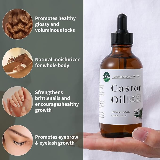 Organic Castor Oil Cold Pressed Unrefined - Hair Growth & Care, Thicker Eyelashes & Eyebrows (4.23FlOz) - Certified Organic, Hexane Free