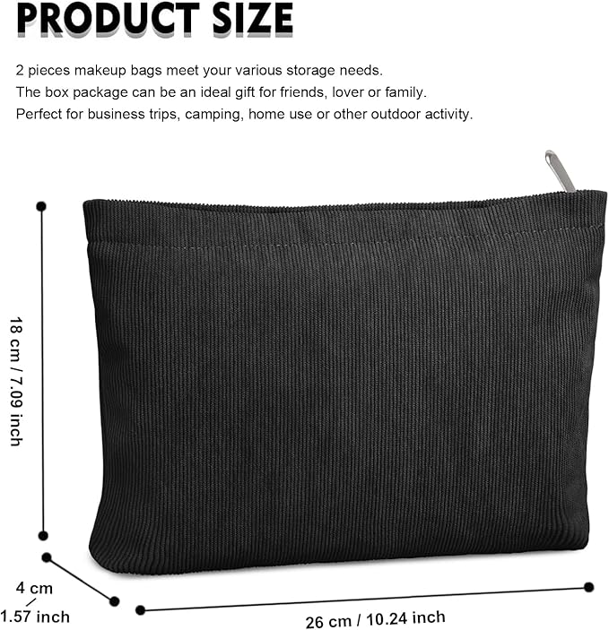 FITDON 2PCS Cosmetic Bags for Women Makeup Bag for Purse Small Corduroy Makeup Pouch Travel Make Up Bag with Zipper Toiletry Bag Organizer