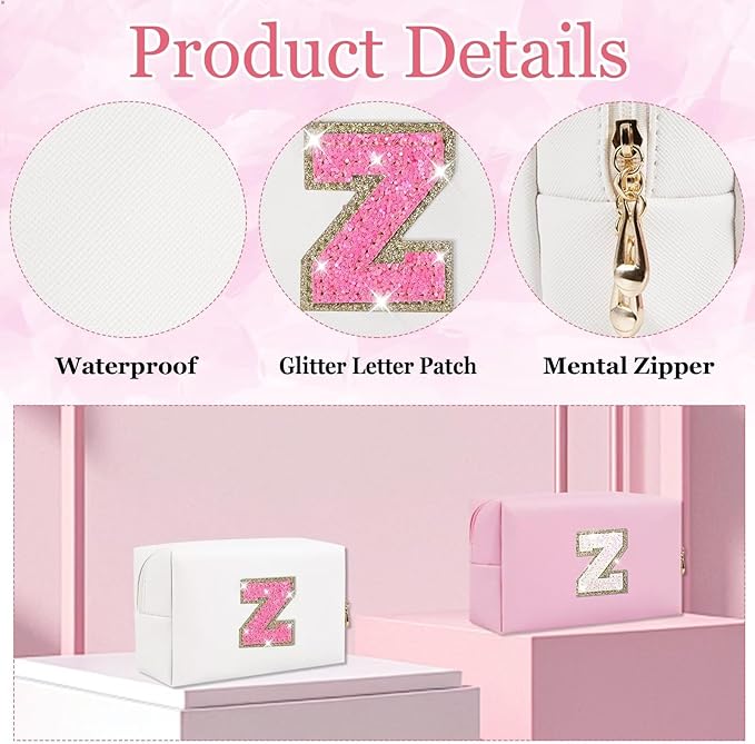 Small Personalized Glitter Initial Letter Makeup Bag, Cute PU Leather Chenille Letters Cosmetic Bag Travel Makeup Pouch, Preppy Travel Organizer Zipper Pouch for Women&Girls（WhiteRosePink-Z）
