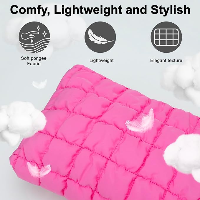 DOB SECHS Puffer Quilted Makeup Bag with Handle, Cute Puffy Cotton Cosmetic Bags for Women, Checkered Toiletry Zipper Pouch, Travel Essentials Storage Organizer Clutch Pouches Pencil Case, Hot Pink