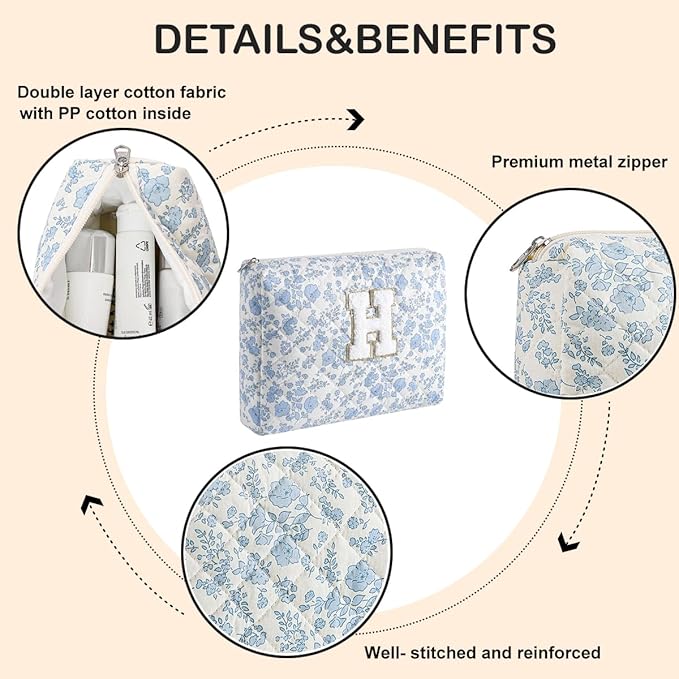 Alphabet Makeup Bag Cosmetic Bag for Women, Christmas Gifts for Age 11-18, Personalized Floral Coquette Travel Bag, Trendy Stuff Zipper Make Up Pouch Organizer Bag (Blue Floral H)