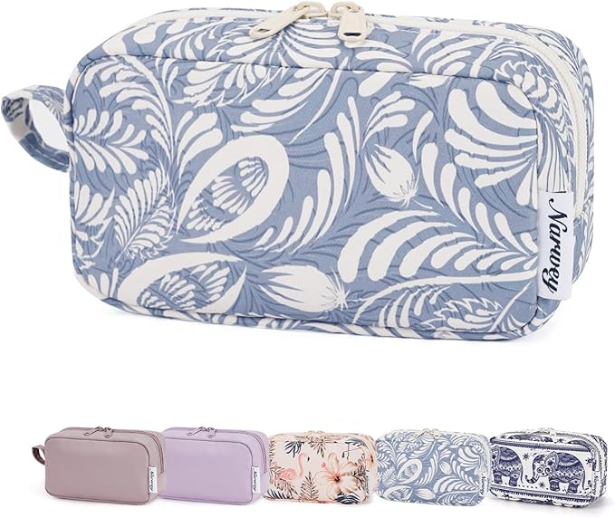 Narwey Small Cosmetic Bag, Small Makeup Bag for Purse, Travel Mini Makeup Pouch, Zipper Pouch, Cute Makeup Bag with Organized Pockets for Women (Blue Leaf, Small)