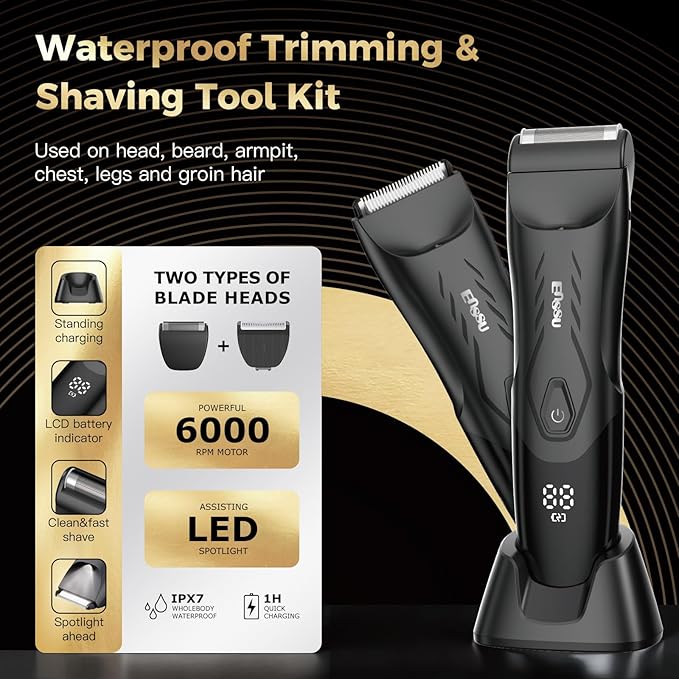 Body Hair Trimmer for Men: 2-in-1 Manscape Trimmer & Shaver with LED Light for Ball/Pubic/Groin,Waterproof Trimmer for Men,No-Nick Shaving,Smooth Grooming