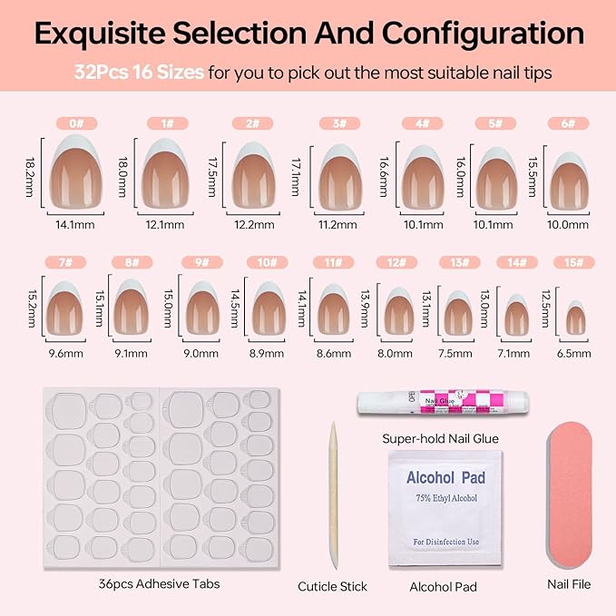 16 size white french tip almond press on nails for women,32 pcs super short petite oval nails with glue and stick, Brown French
