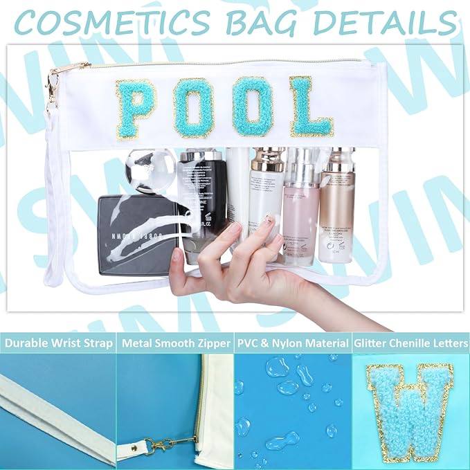 2 Pcs Pool Bag Cosmetic Makeup Bag with Chenille Letter Patch, Clear Pouch PVC Organizer Purse, Waterproof Travel Beach Bag, Portable Toiletry Storage Bag