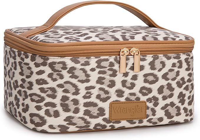 Montana West X Wrangler Travel Makeup Bag 2pcs Set Large Cosmetic Bag with Makeup Brush Holder Portable Make Up Organizer Cute Toiletry Bag with Divider and Handle for Women Leopard