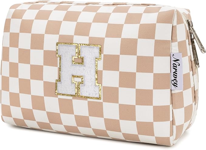 Narwey Birthday Gifts for Women Teen Girls Kids Personalized Initial Checkered Makeup Bag Cute Cosmetic Bag Trendy Stuff 6 8 10 11 12 13 14 16 18 Years Old Travel Toiletry Bag (Brown Letter H)