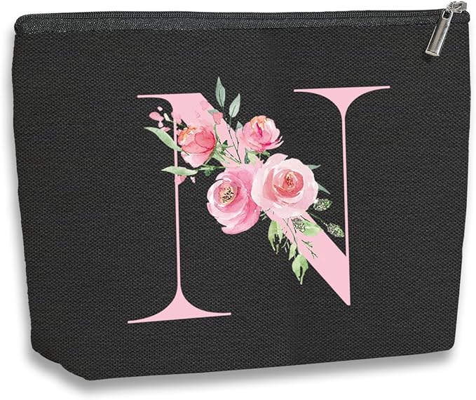 A-Z Personalized Cosmetic Bag Monogrammed Makeup Bags Bridesmaid Gifts Custom Toiletry Pouch Gifts for Women Mom Best Friend Sister Bride Bridesmaid (N)