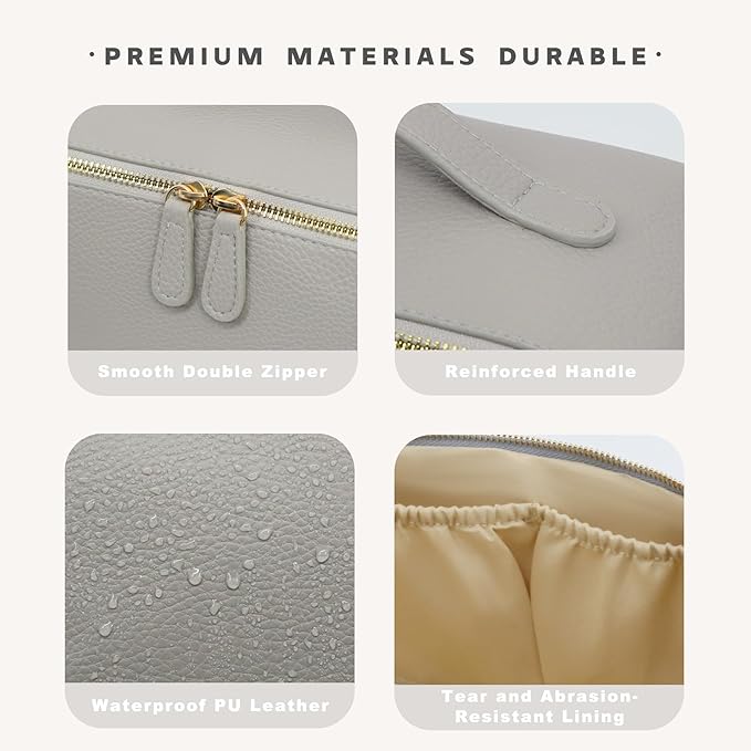 Travel Makeup Bag – Large Cosmetic Organizer with Waterproof PU Leather, Smooth Double Zipper & Tear-Resistant Lining, Toiletry Pouch for Women (Grey)