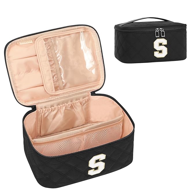 OCHEAL Makeup Bag for Women, Monogram Cosmetic Bag with Brush Holder,Black Travel Makeup Case Beauty Toiletry Bag Organizer Personalized Gifts for Girls Bridesmaid, Sister, Wife, Friends Initial S