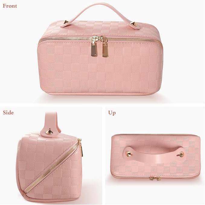 Abiudeng Travel Makeup Bag Large Capacity Toiletry Bag Cosmetic Bags for Travel Essentials,Waterproof Portable Pouch Open Flat Makeup bag Organizer with Divider and Handle(Checkered-Pink)