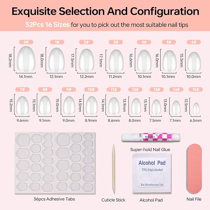 16 size White Almond Press on Nails for Women,32 Pcs Super Short Petite Oval Nails with Glue and Stick, Milky White