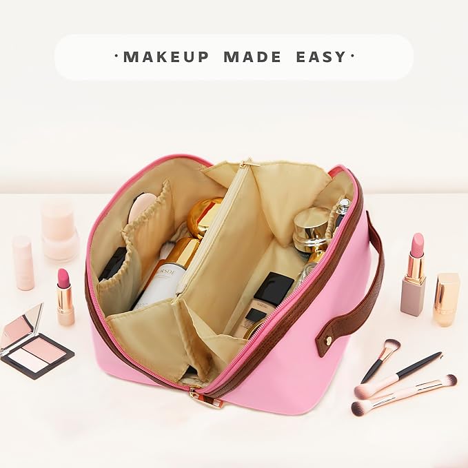 Travel Makeup Bag – Large Cosmetic Organizer with Waterproof Nylon, Smooth Double Zipper & Tear-Resistant Lining, Toiletry Pouch for Women (Pink)