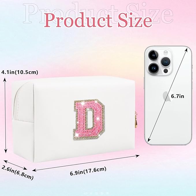 Glitter Initial Letter Makeup Bag, Small Personalized Sequins Letters PU Leather Cosmetic Bag Portable Waterproof Makeup Zipper Pouch, Shine Handbag Organizer Travel Bag Gifts for Women&Girls(White-D)