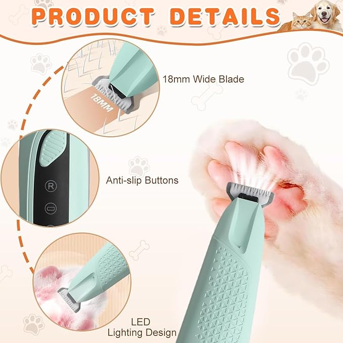 Professional Dog & Cat Trimmer - Quiet Electric Pet Grooming Kit for Ears/Eyes/Paws with LED Light - Cordless Battery-Powered Fur & Nail Clipper for Small/Large Breeds(Blue)