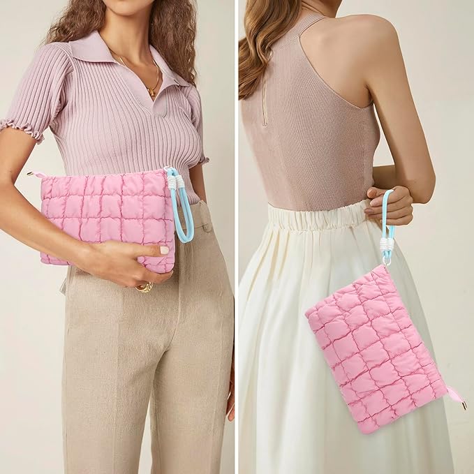 DOB SECHS Puffer Quilted Makeup Bag with Handle, Cute Puffy Cotton Cosmetic Bags for Women, Checkered Quilt Toiletry Zipper Pouch, Travel Essentials Storage Organizer Large Clutch Pouches Case, Pink