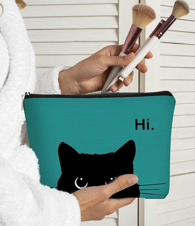 Cat Makeup Bag - Cute Cosmetic Pouch for Cat Lovers, Black Kitty Design, Hi Kitty Gift for Women (Bluish Blue, Beige)